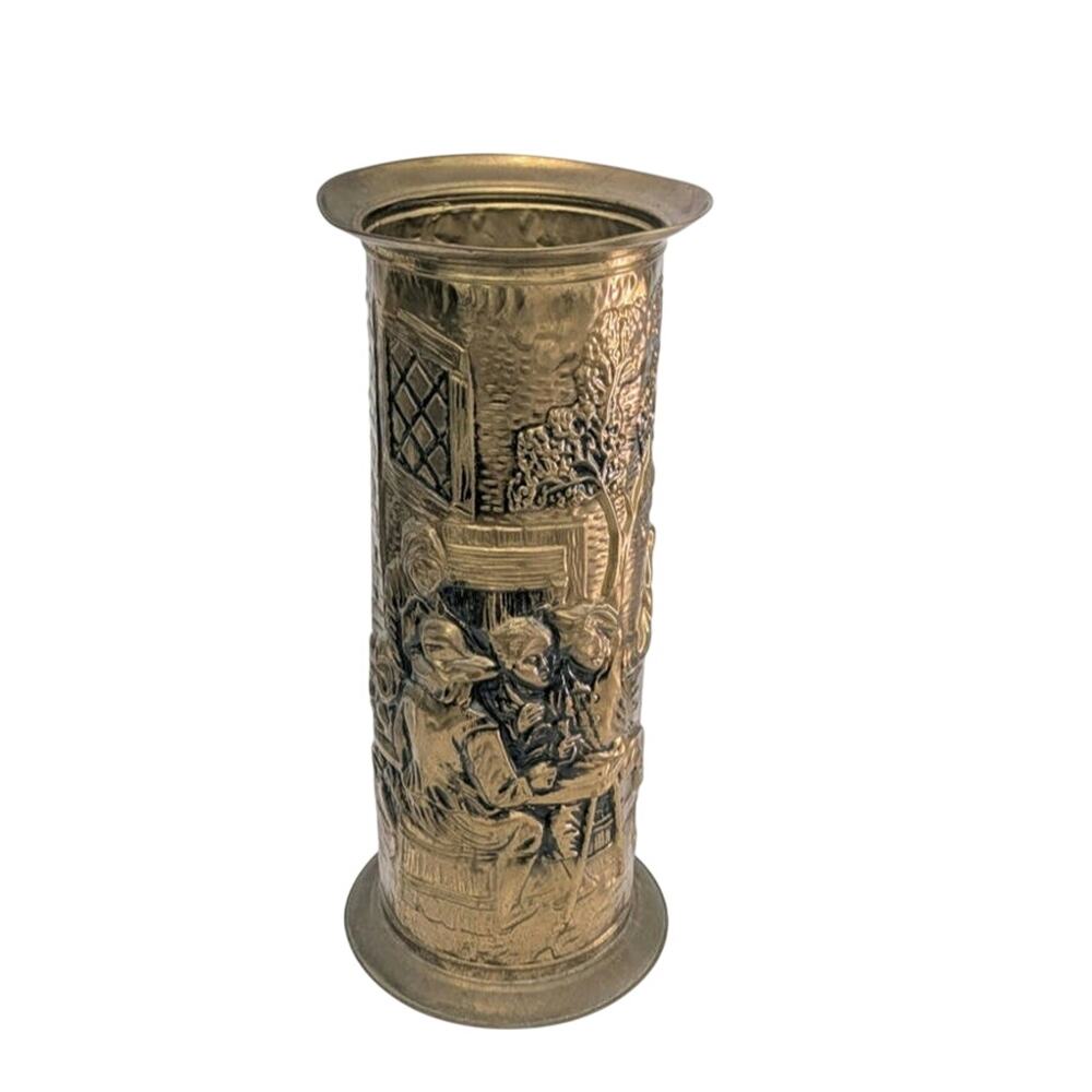 English Brass Umbrella Stand Embossed Repoussé Tavern Scene Cane Holder